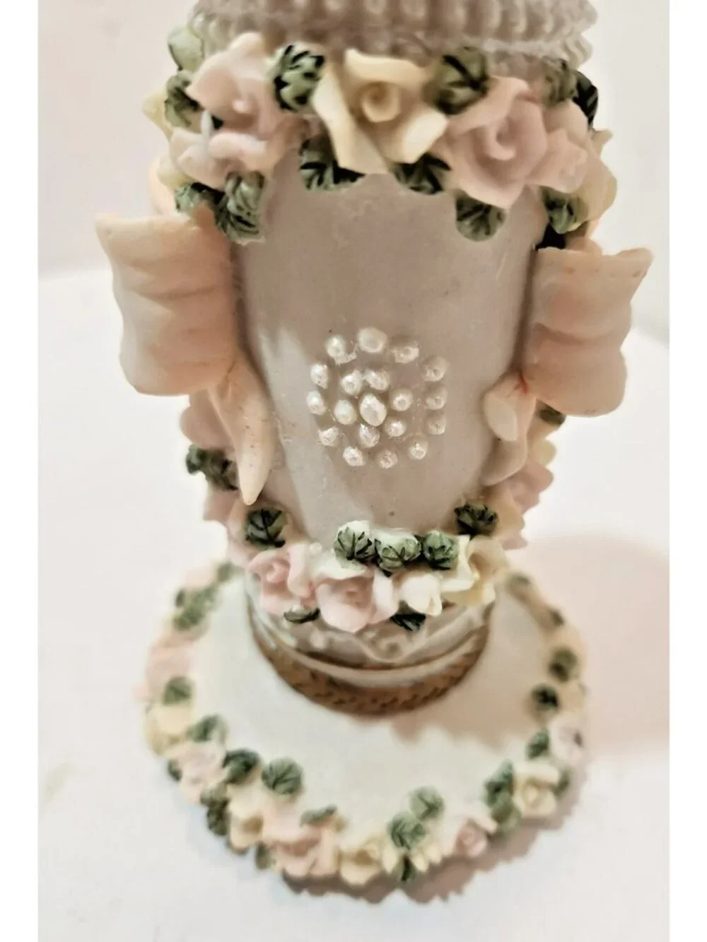 Pair of Sculpted Flower and Bows Ceramic Candlestick Holders Pastels Weddings